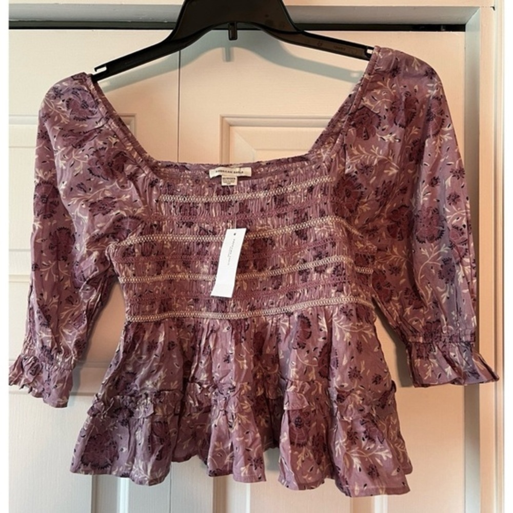 American Eagle Plum Smocked Cropped Tiered Top Romantic NWT XS #987